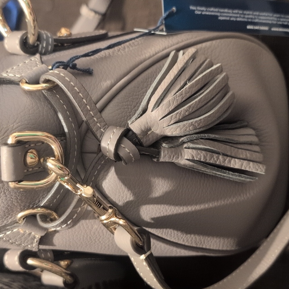 Dooney & Bourke Florentine Leather Tasseled Satchel Bag Elephant Gray Crossbody - Picture 4 of 7